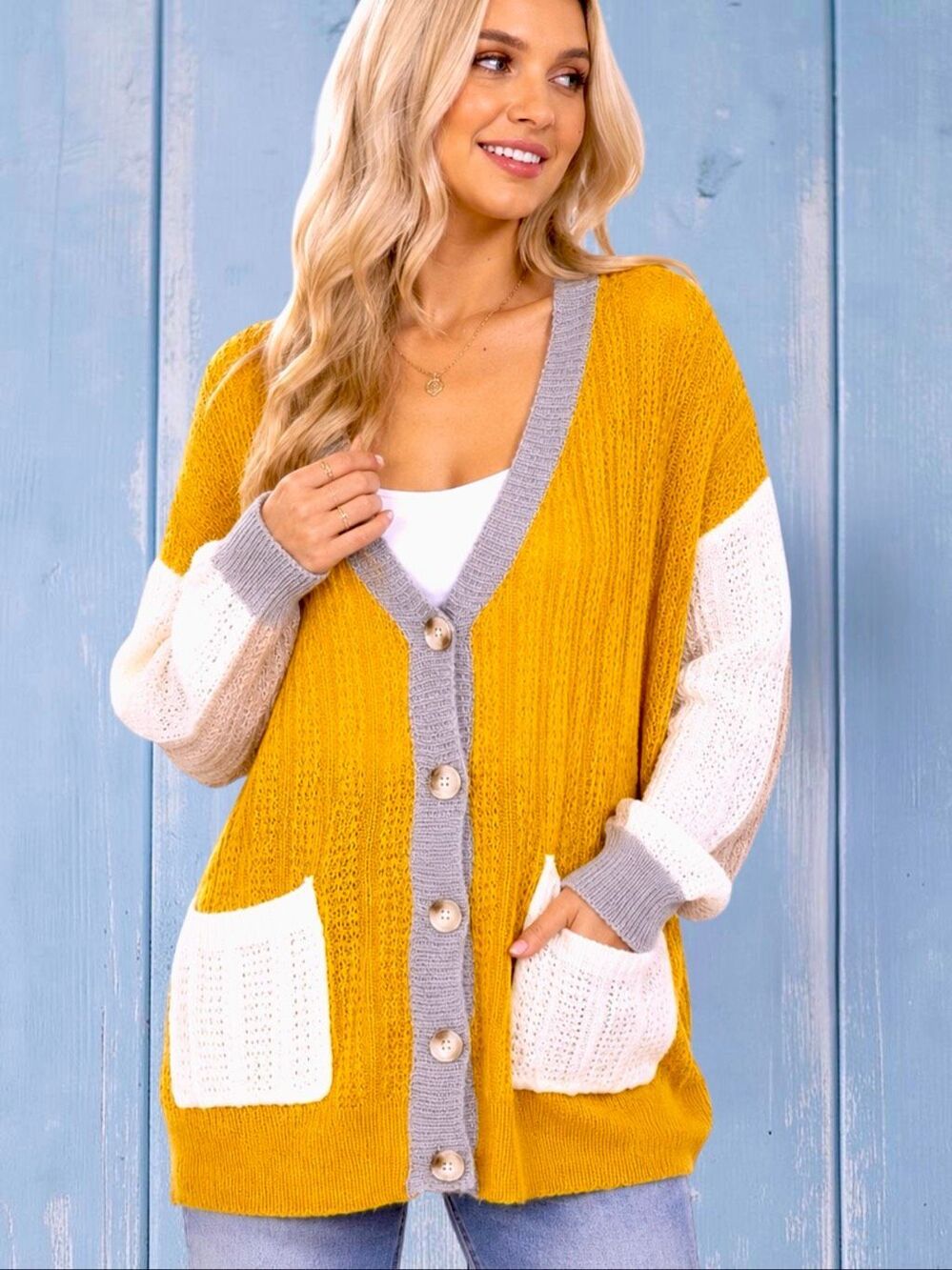 BiBi Mustard Color Block Button Cardigan Sweater | Oversized Cozy Knit | Pockets - Picture 2 of 14